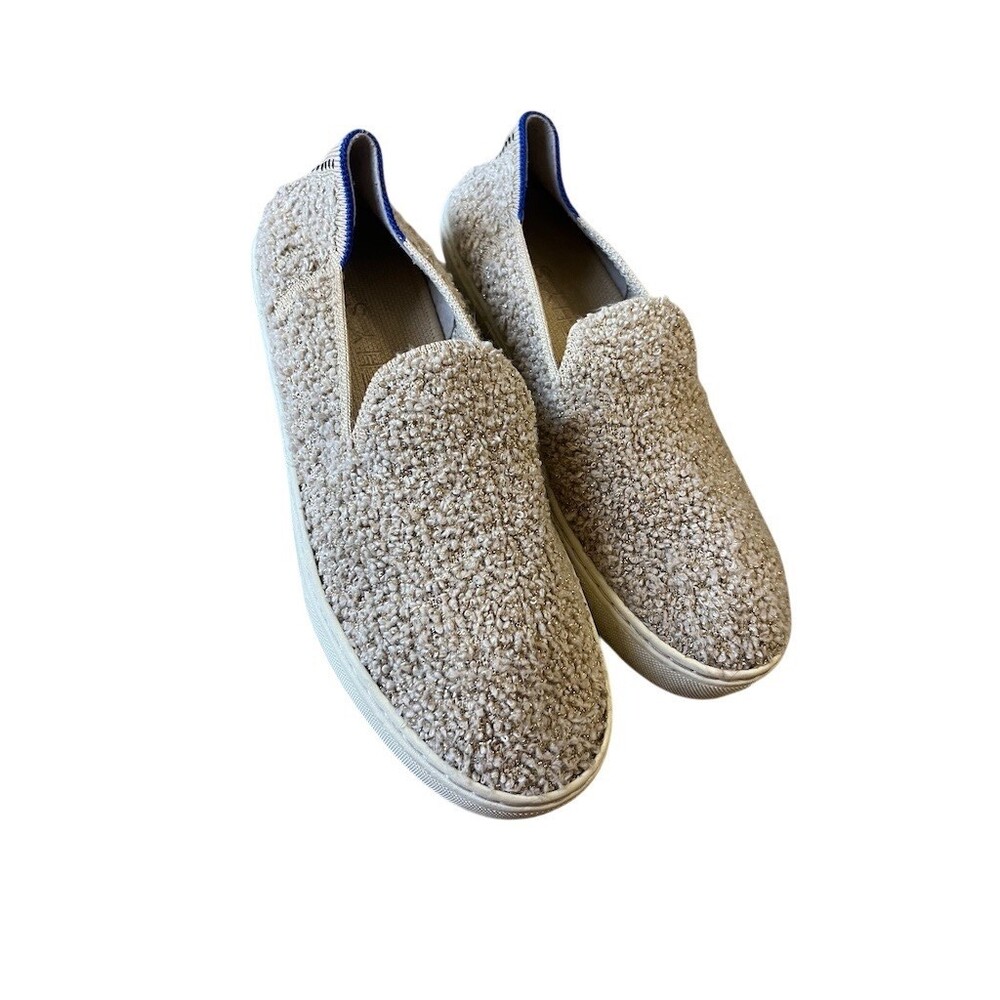 Rothy's The Original Slip-On Sneaker Womens Size 7 Beige/Tan Blue Trim